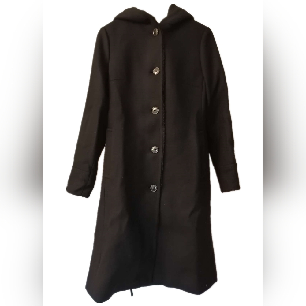 Kate Spade New York Single Breasted Hooded Wool Blend Coat In Black,Size XS